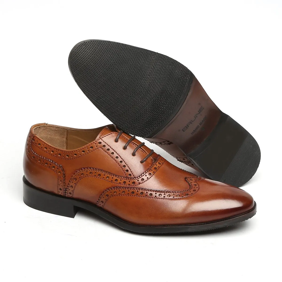 Tan Full Wingtip Brogue Oxfords Leather Shoe With Rubber Sole By BRUNE & BARESKIN