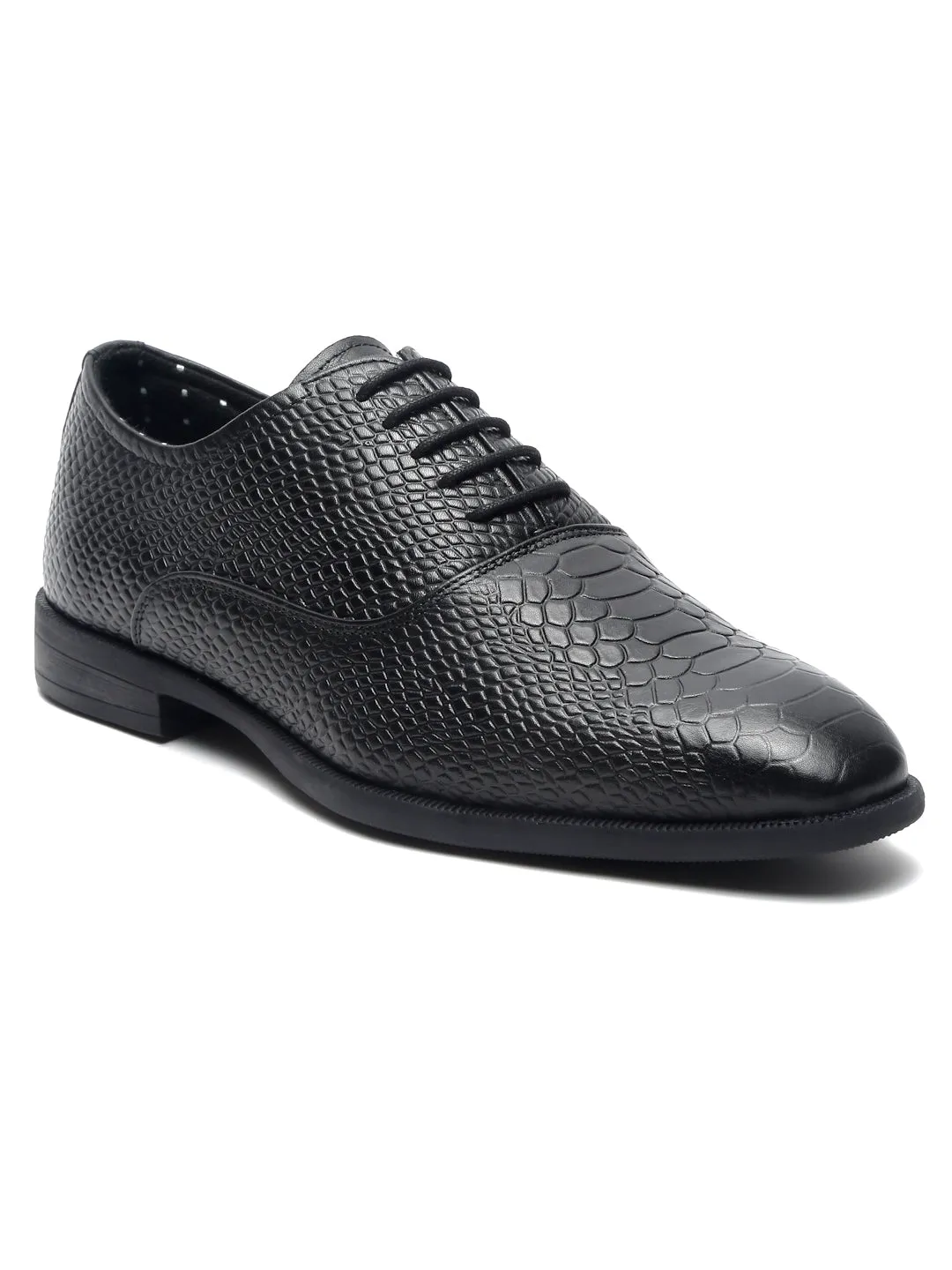 Teakwood Leather Men Black Snake Print Leather Oxfords