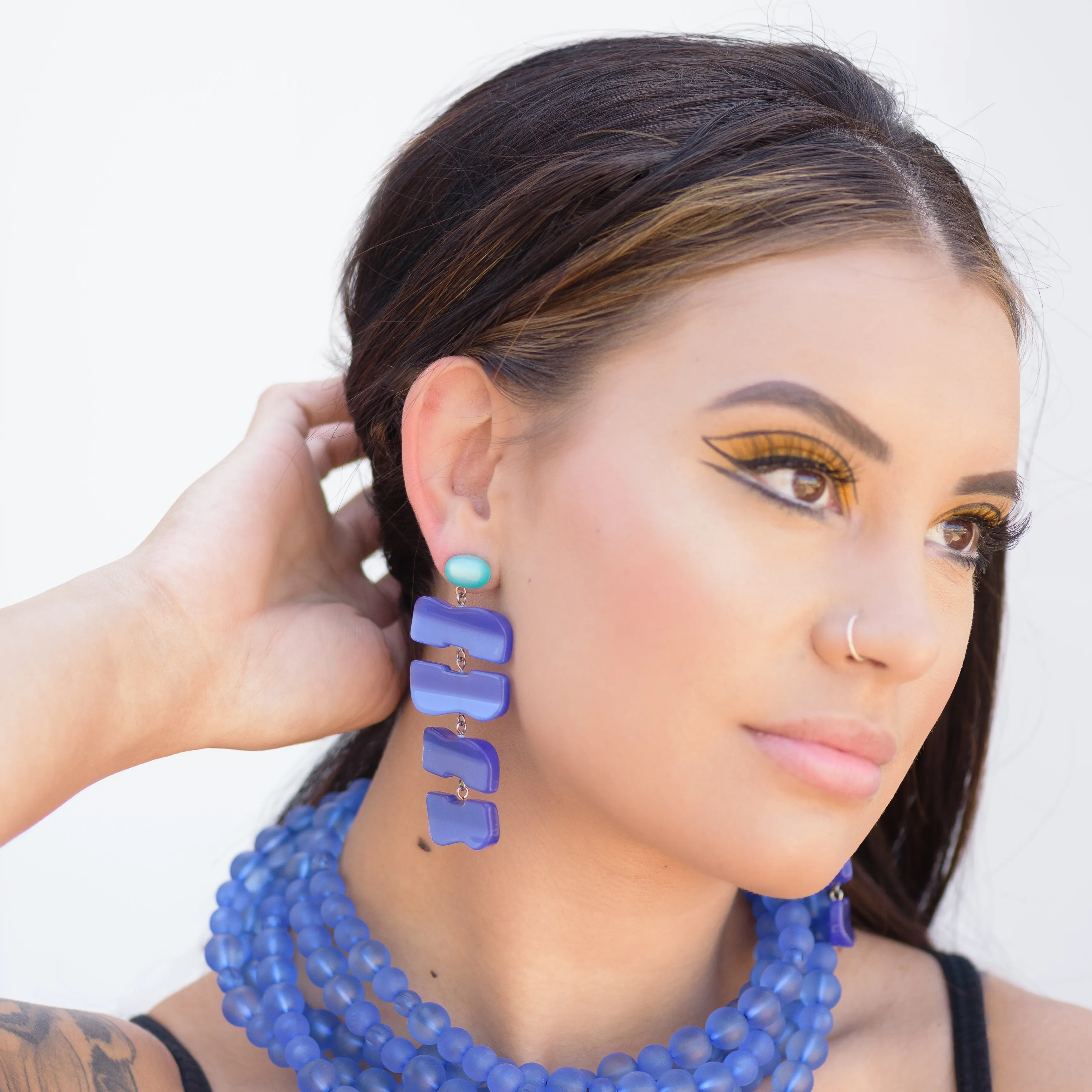 Teal & Blue Geometric Stack Moonglow Statement Earrings *