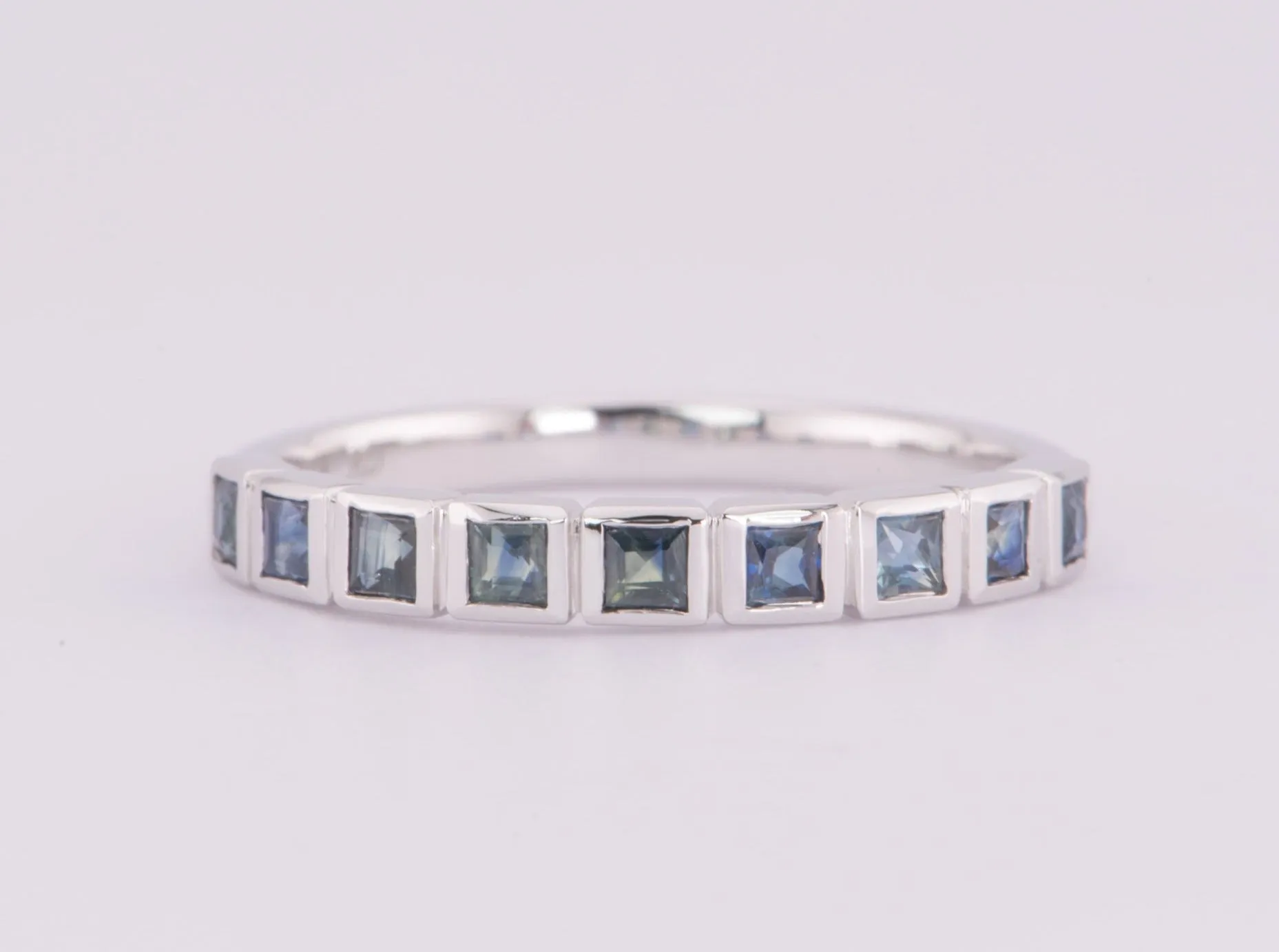 Teal Blue Green Sapphire Bezel Set Wedding Band 14K Gold R5037