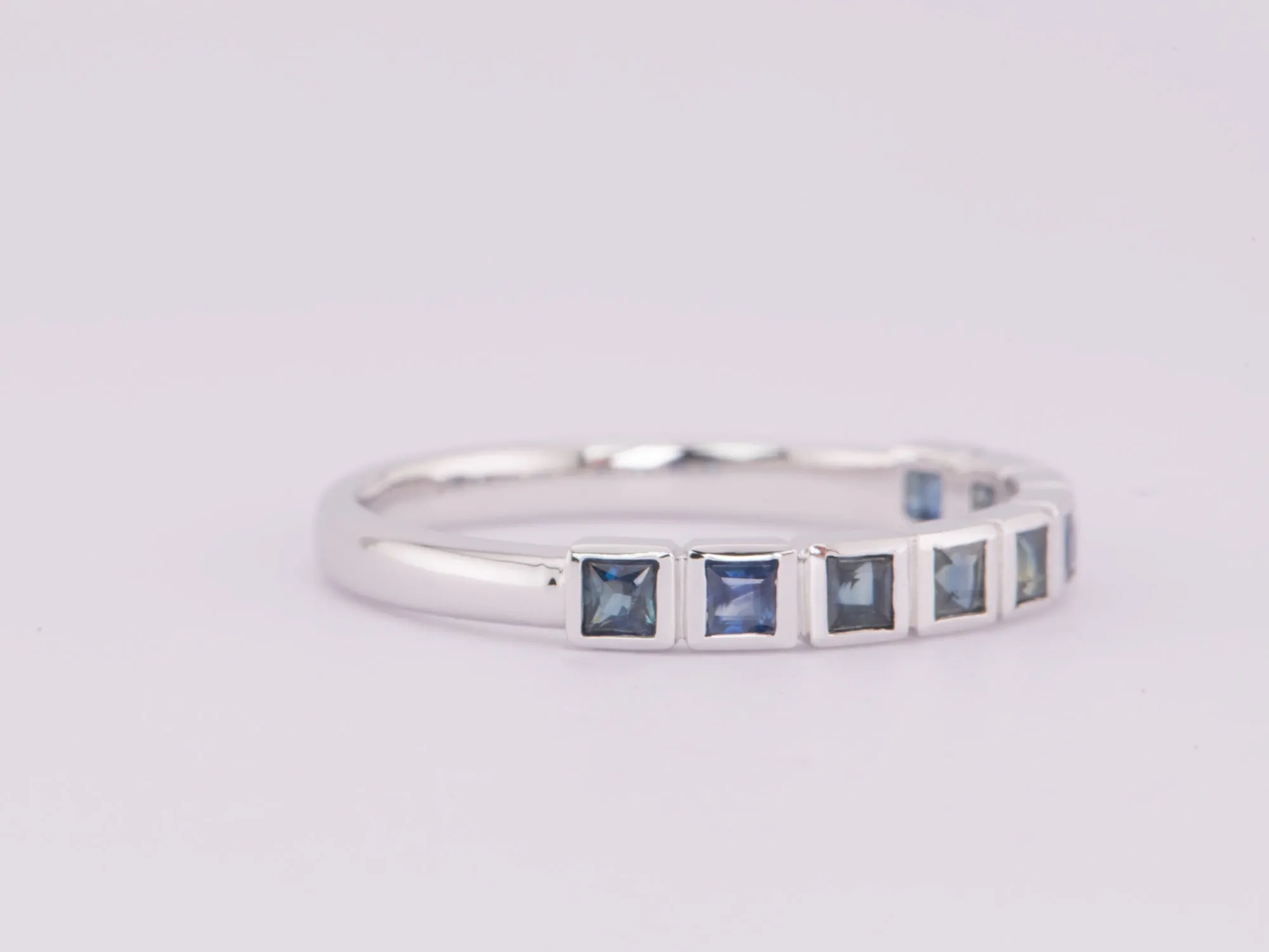 Teal Blue Green Sapphire Bezel Set Wedding Band 14K Gold R5037