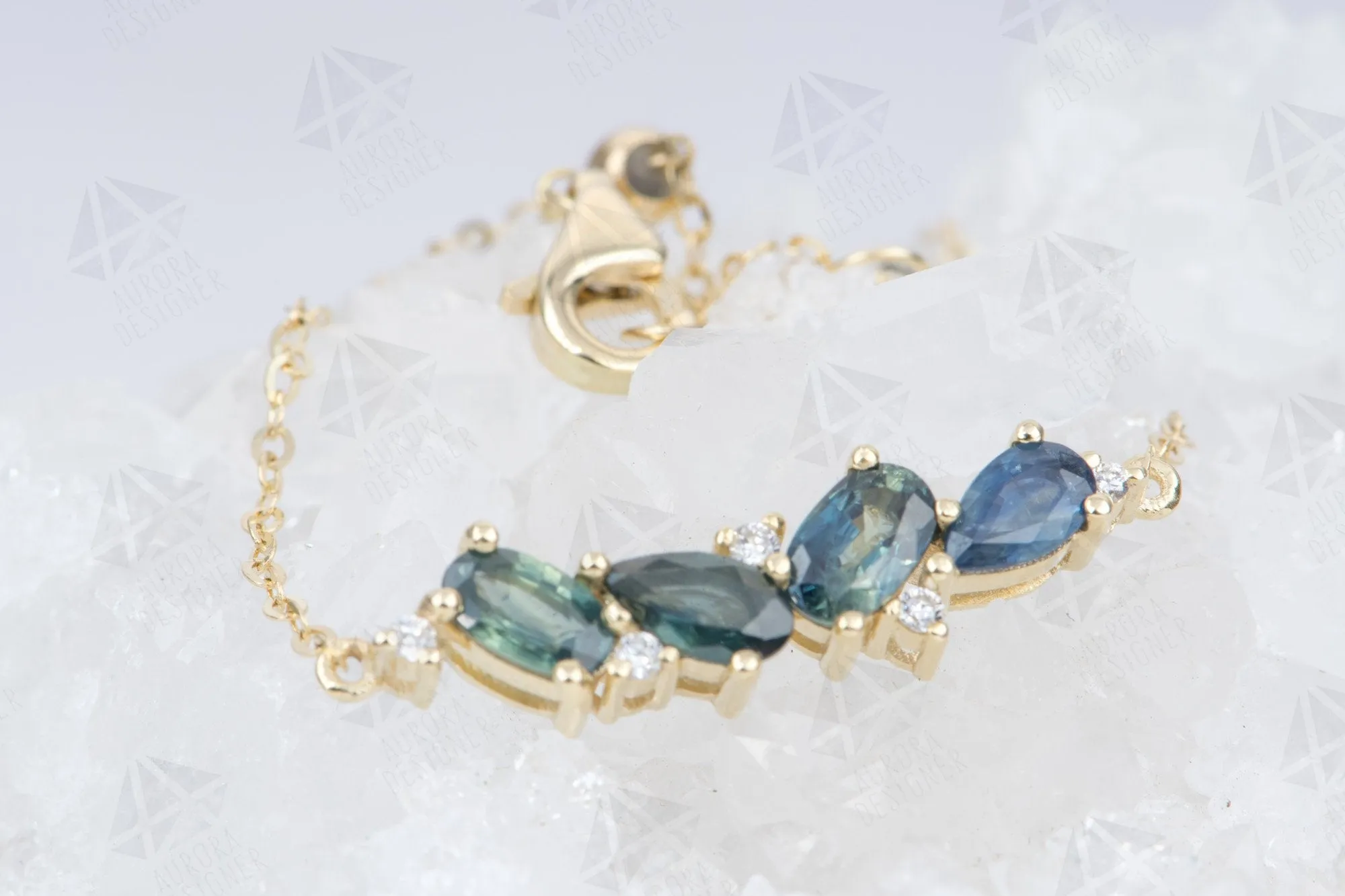 Teal Blue Sapphire Diamond Cluster Chain Link Bracelet 14K Gold Pear Oval Shape Green AD2099