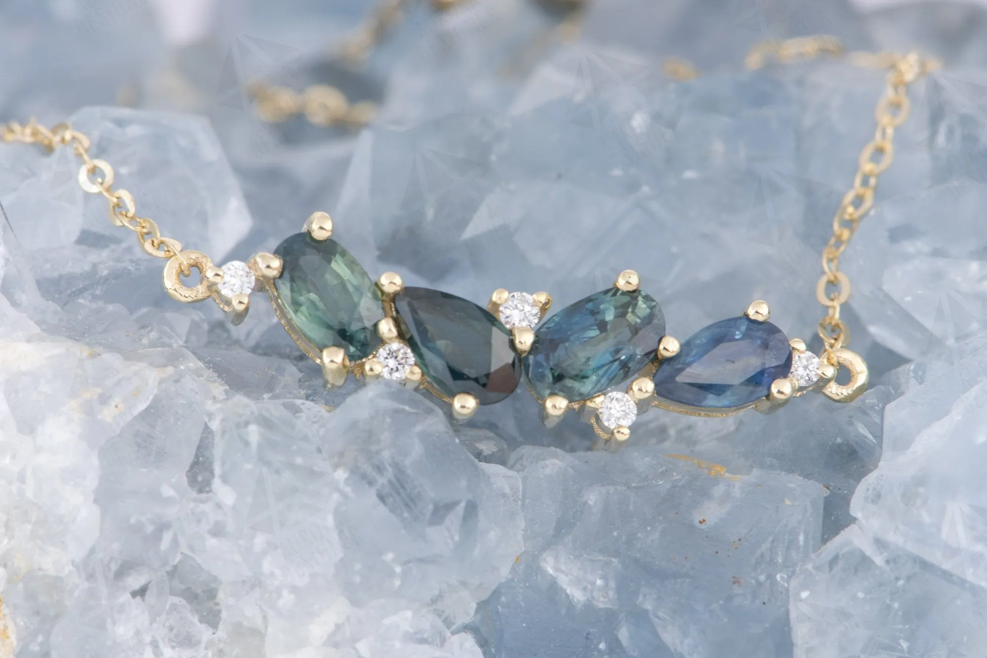 Teal Blue Sapphire Diamond Cluster Chain Link Bracelet 14K Gold Pear Oval Shape Green AD2099