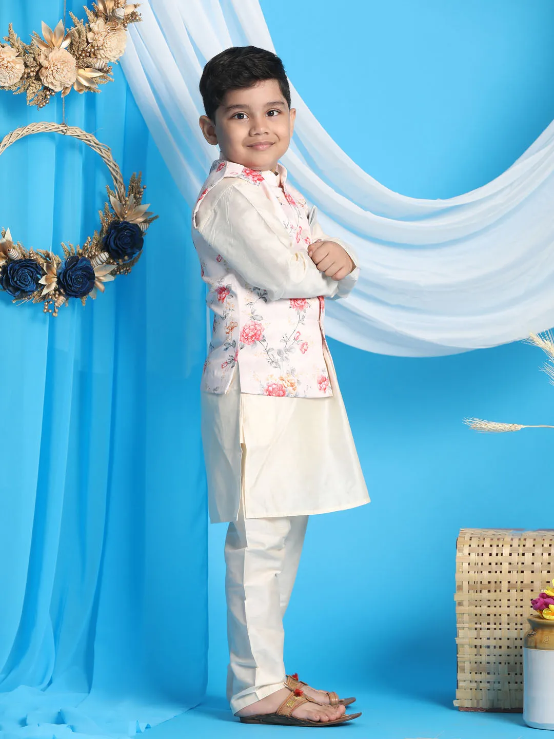 VASTRAMAY Boys Peach Floral Printed Nehru Jacket With Cream Color Kurta And Pyjama Set