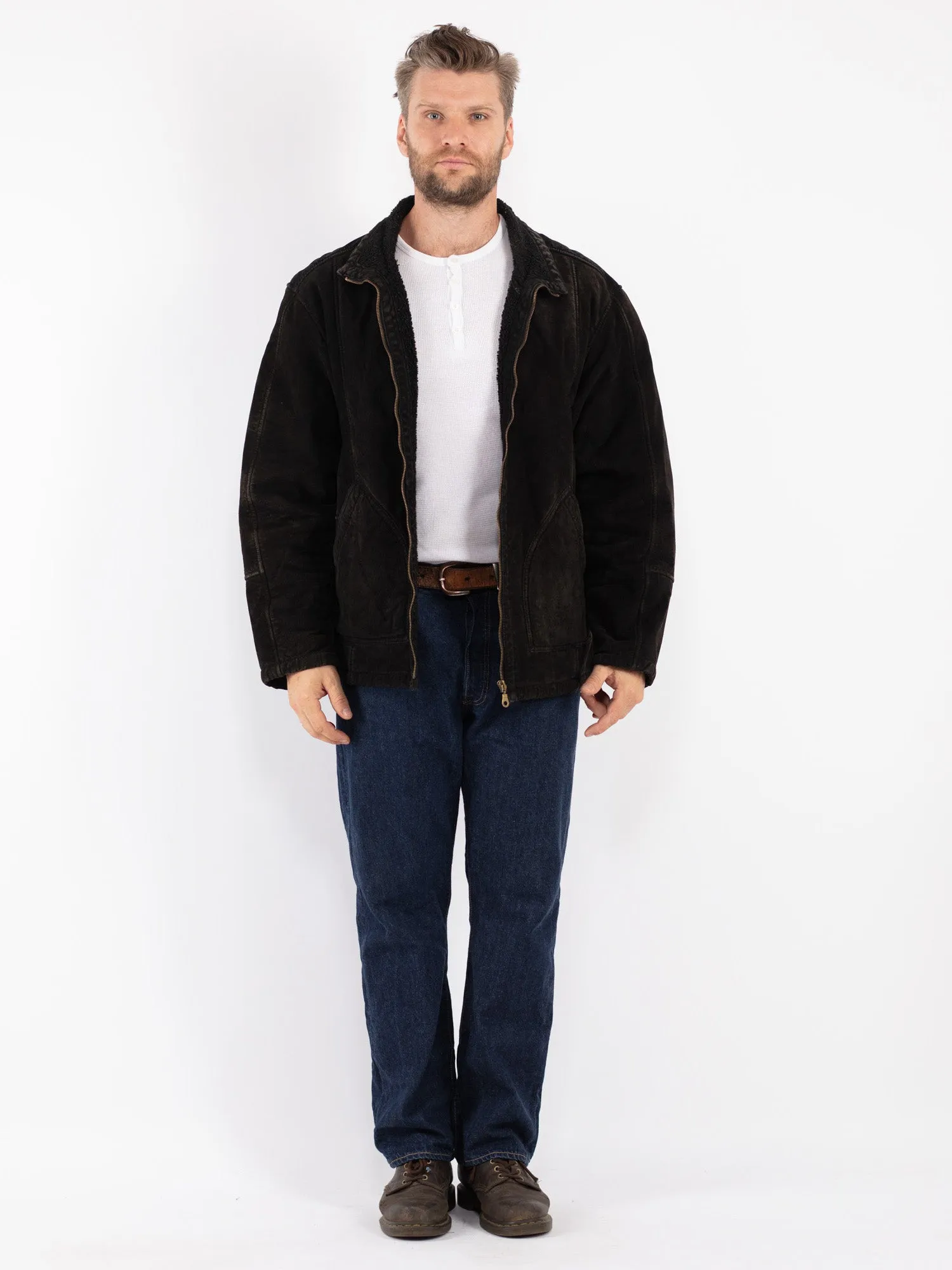 Vintage 90's Men Suede Sherpa Jacket in Black