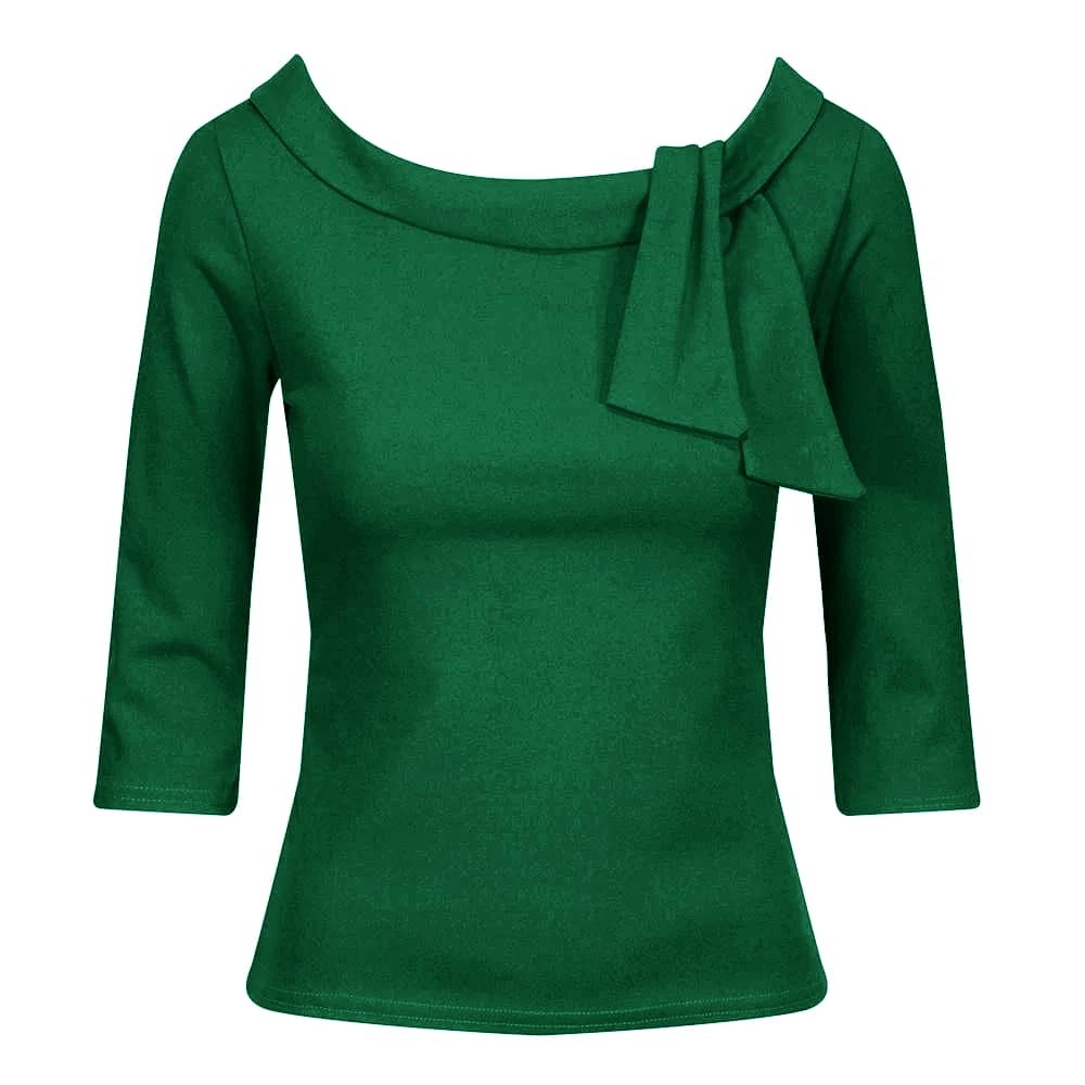 Vintage Emerald Green 3/4 Sleeve Tie Neck Top