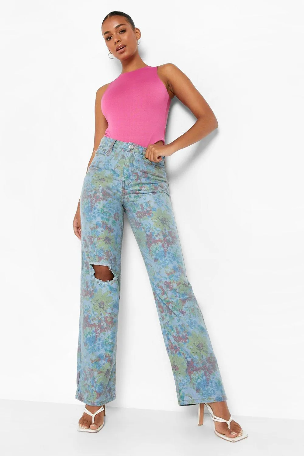 Vintage Floral Ripped Knee Boyfriend Jeans