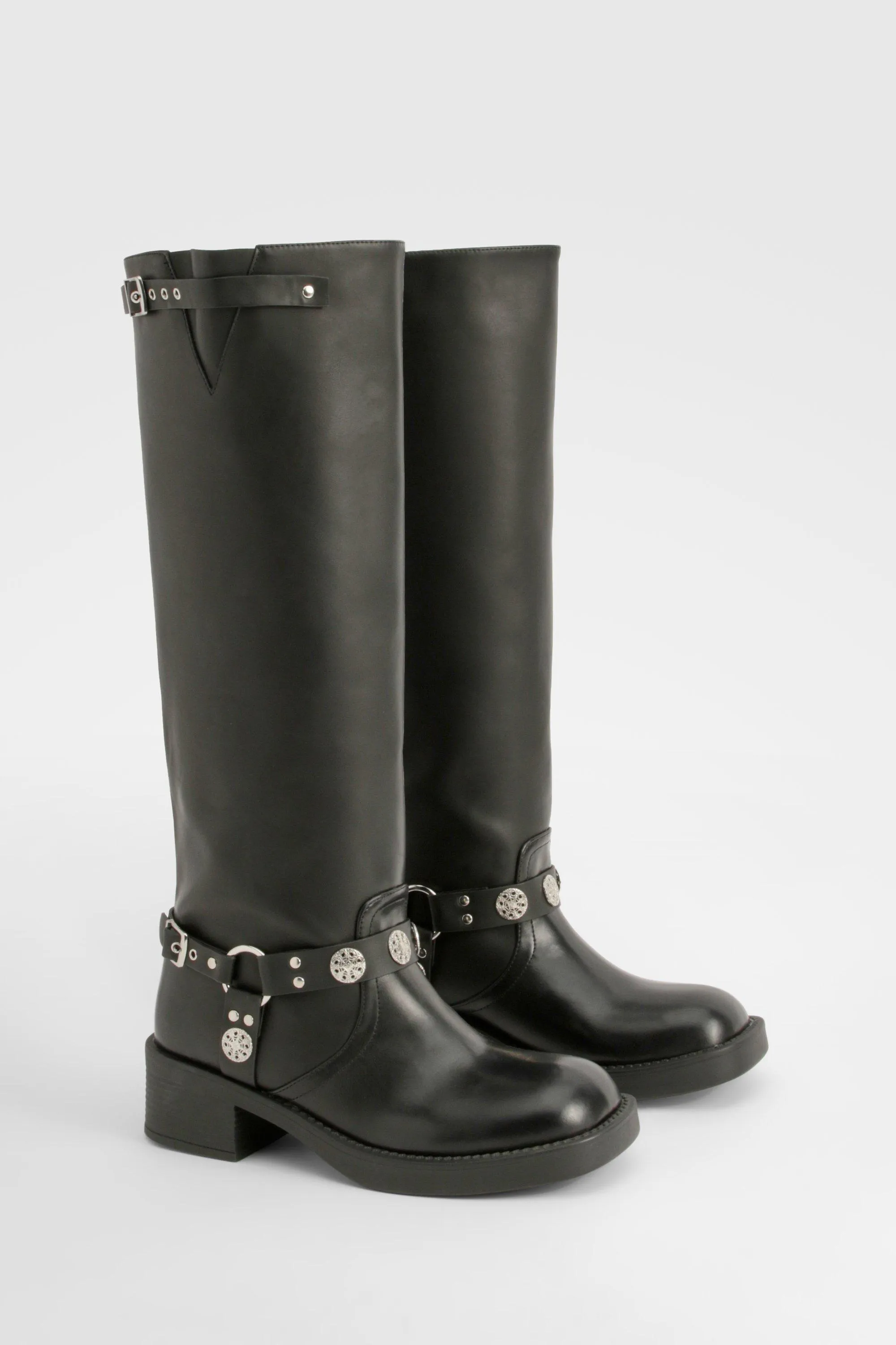 Western Style Buckle Detail Knee High Boots