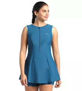 Women's Endurance Closedback Swimdress With Boyleg - Dark Teal  &  Marine Blue