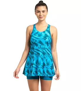 Women's Endurance10 Printed Swimdress With Boyleg - Nordic Teal & Powder Blue