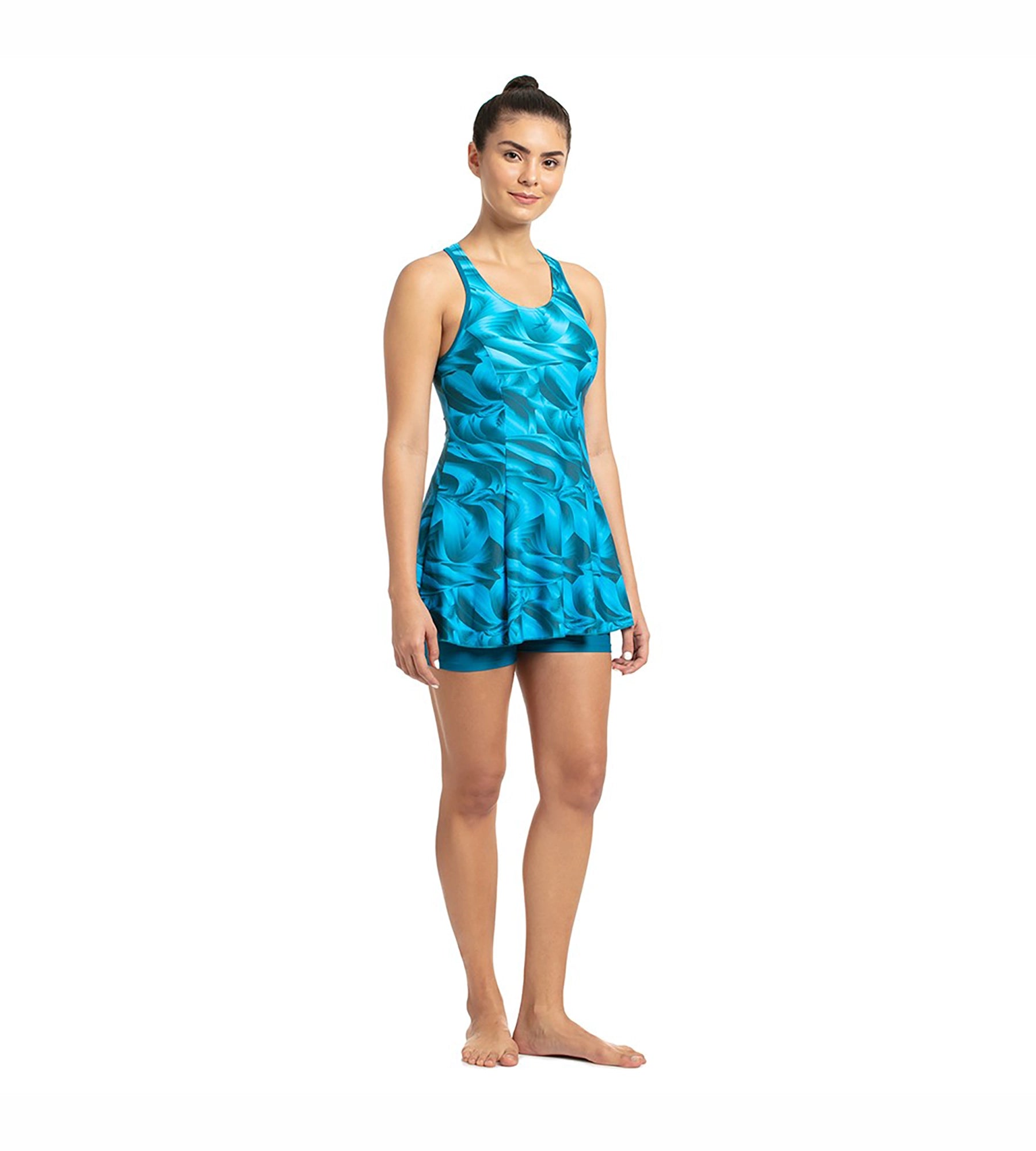 Women's Endurance10 Printed Swimdress With Boyleg - Nordic Teal & Powder Blue