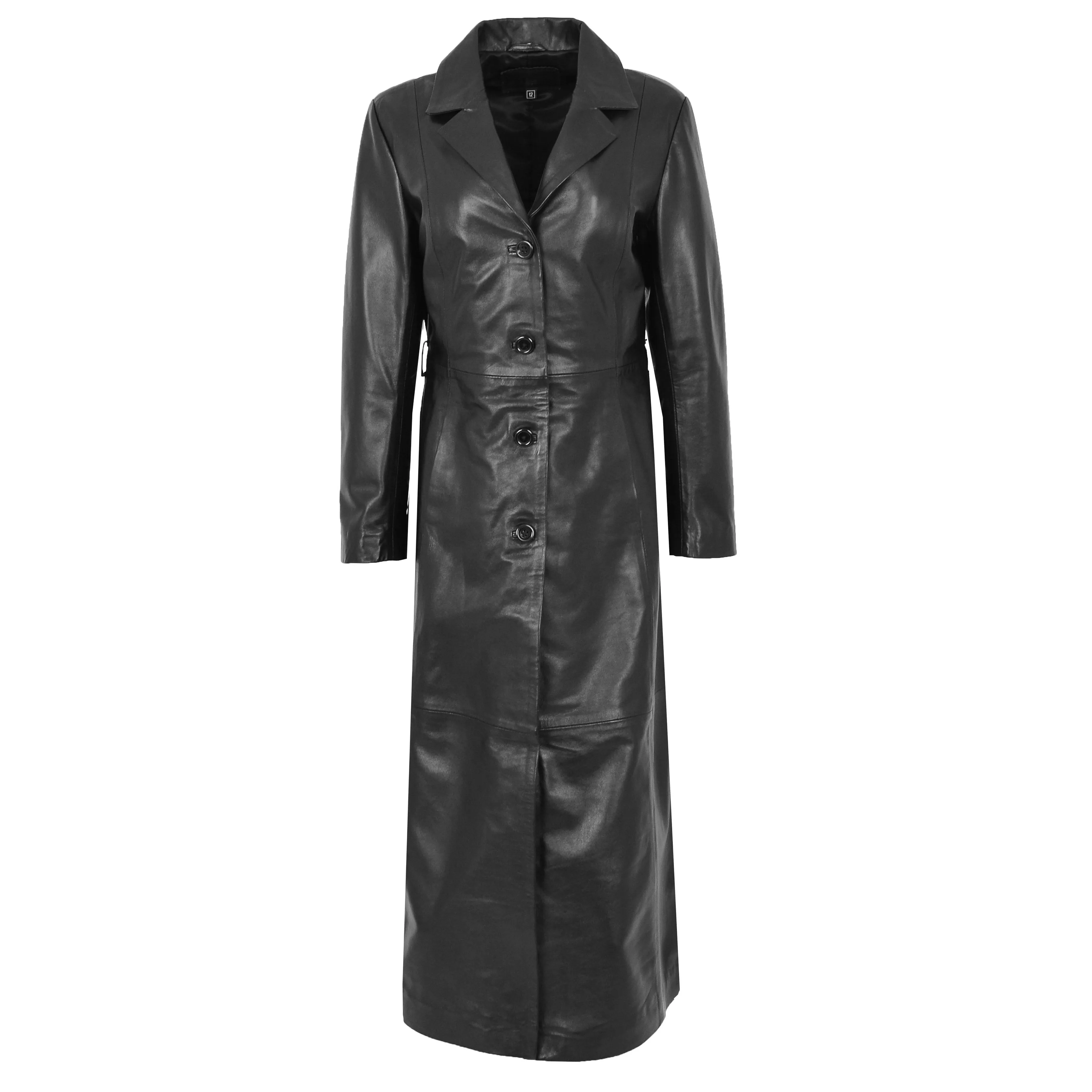 Womens Leather Full Length Classic Coat Gabbie Black