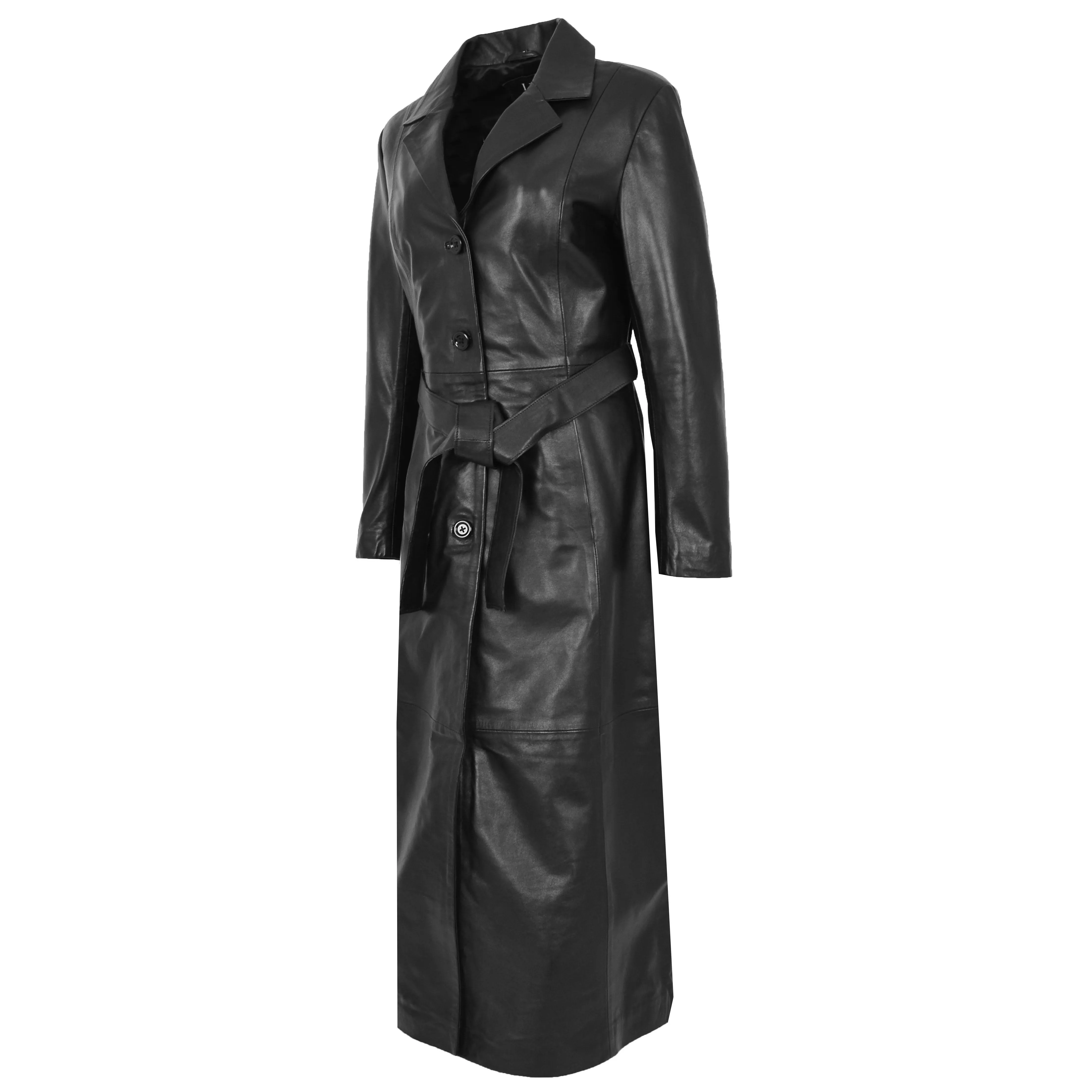 Womens Leather Full Length Classic Coat Gabbie Black