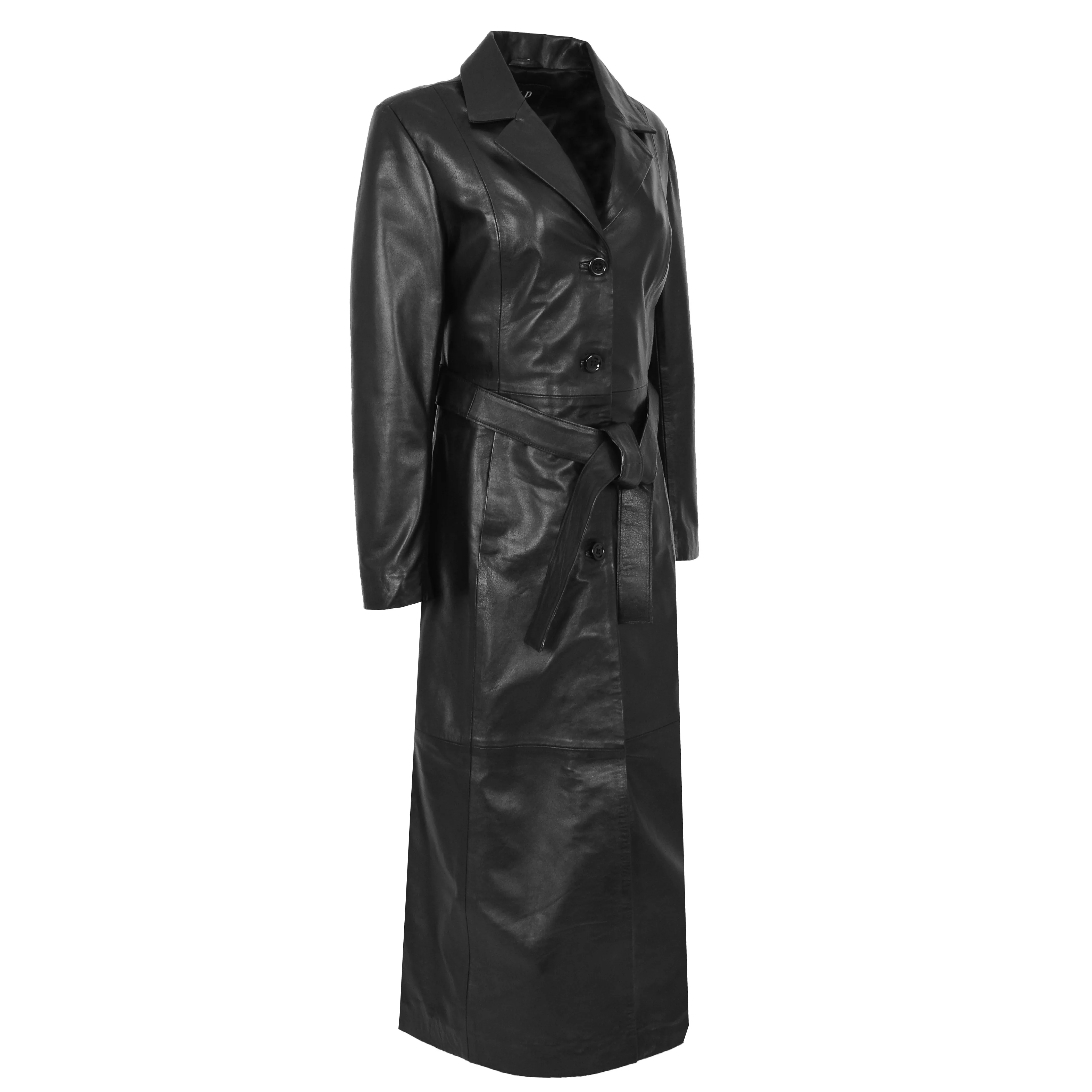 Womens Leather Full Length Classic Coat Gabbie Black