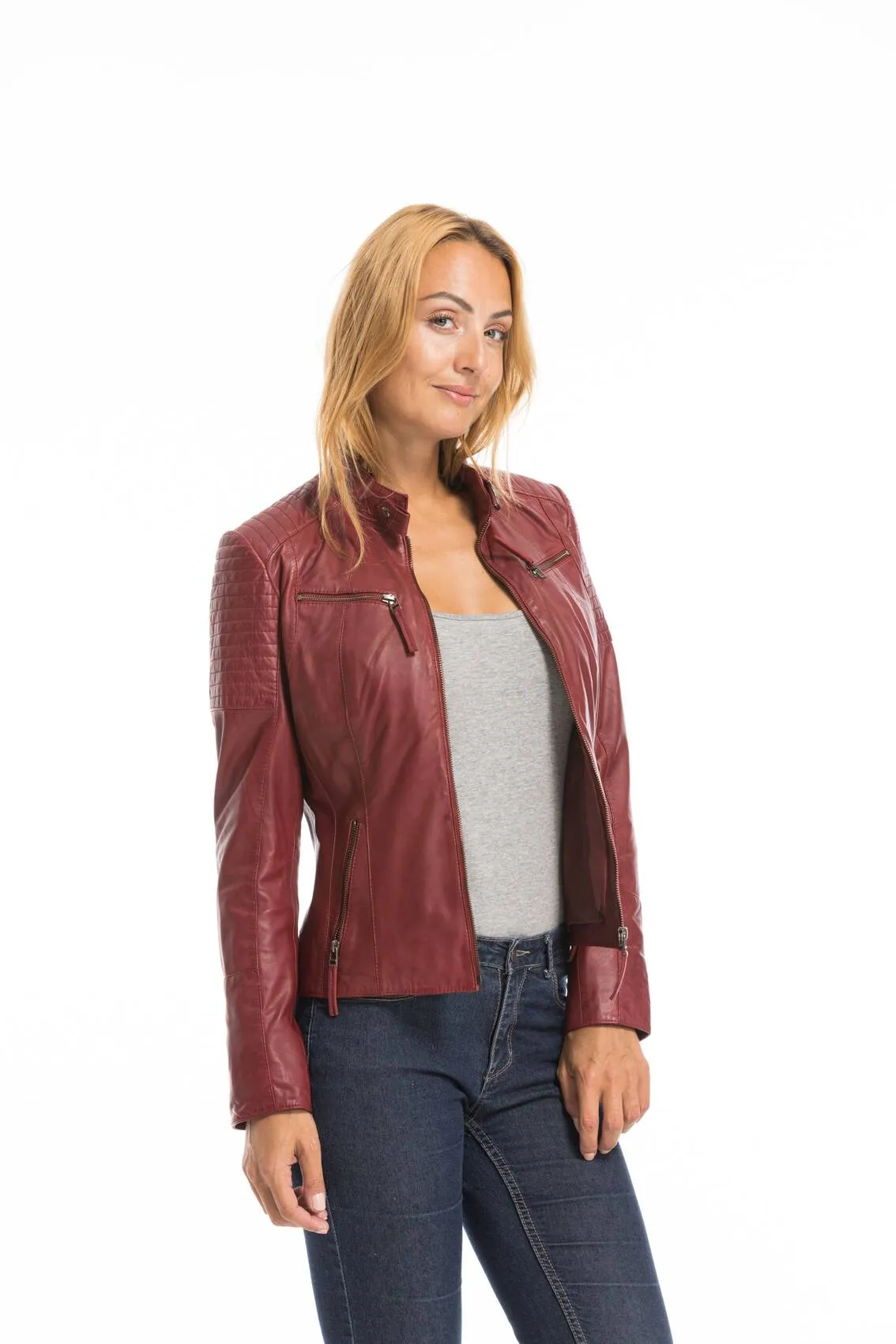 Women's red scooty motorcycle style leather jacket