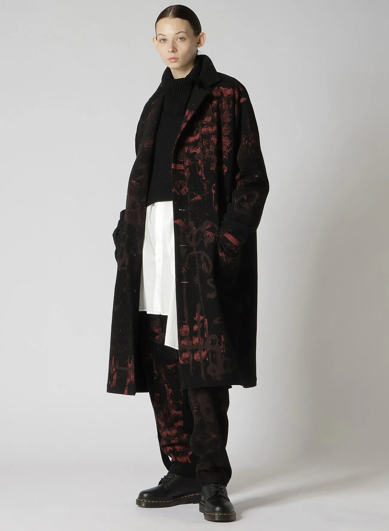 WOOL FLANNEL SCRIBBLE PATTERN LONG JACKET