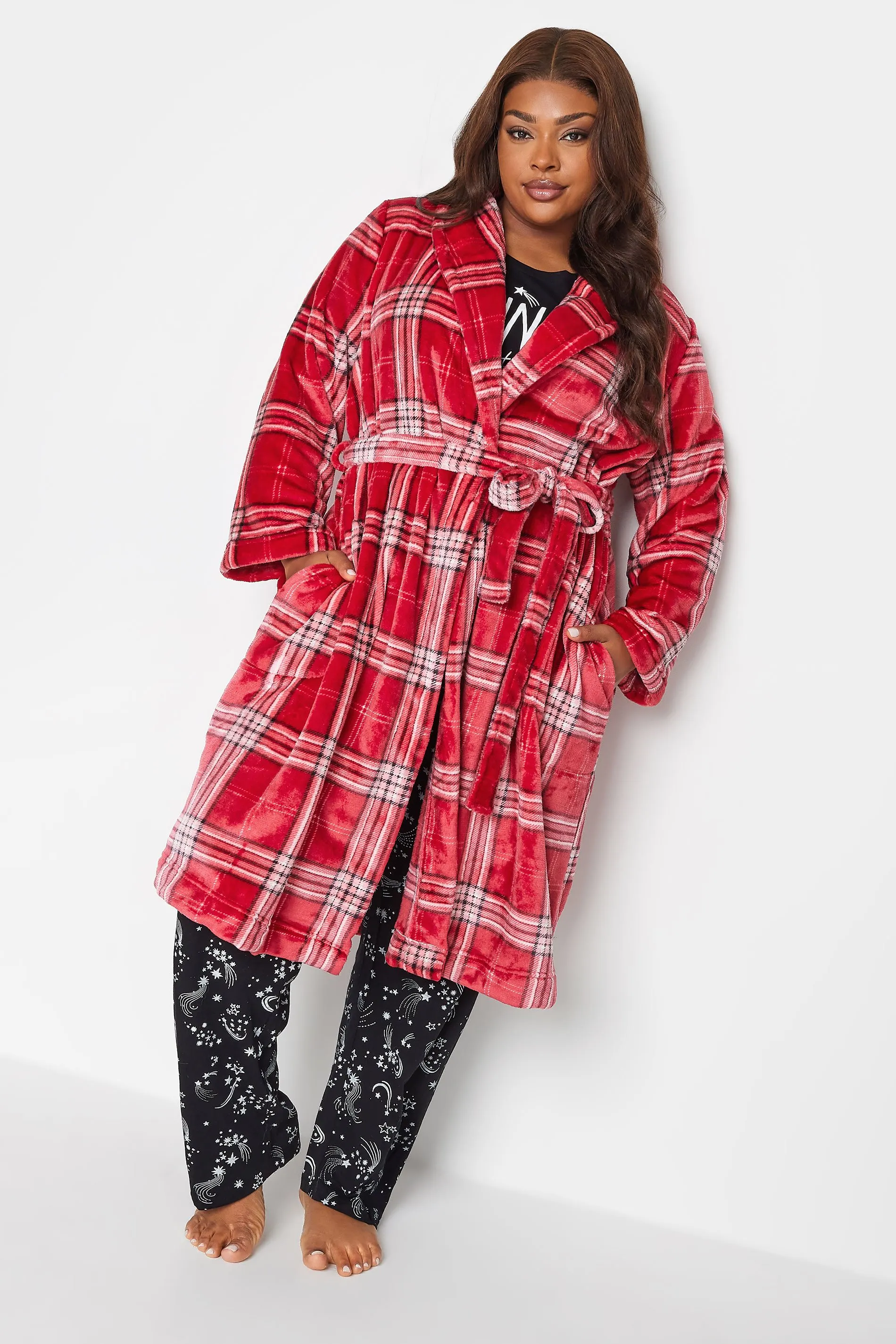 YOURS Curve Red Check Print Shawl Collar Dressing Gown