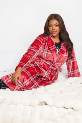 YOURS Curve Red Check Print Shawl Collar Dressing Gown