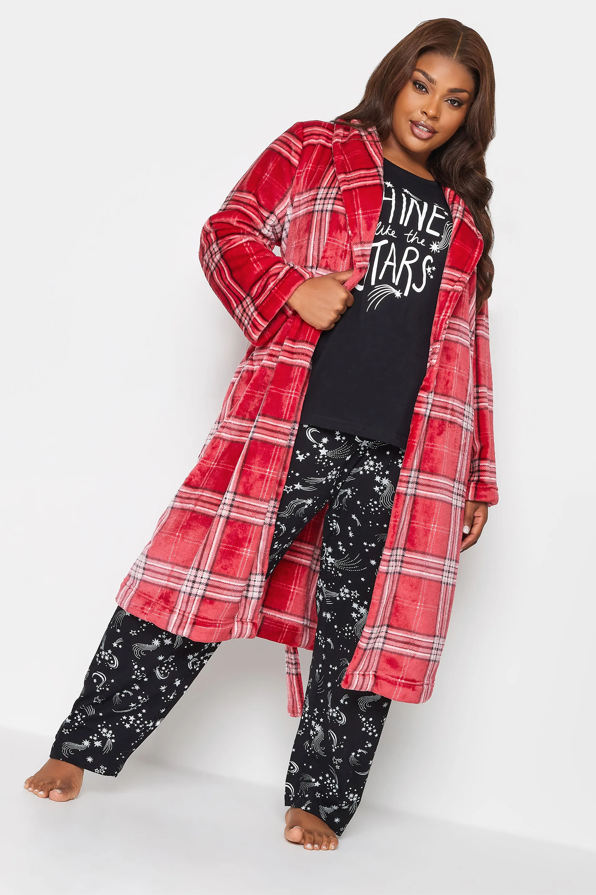 YOURS Curve Red Check Print Shawl Collar Dressing Gown