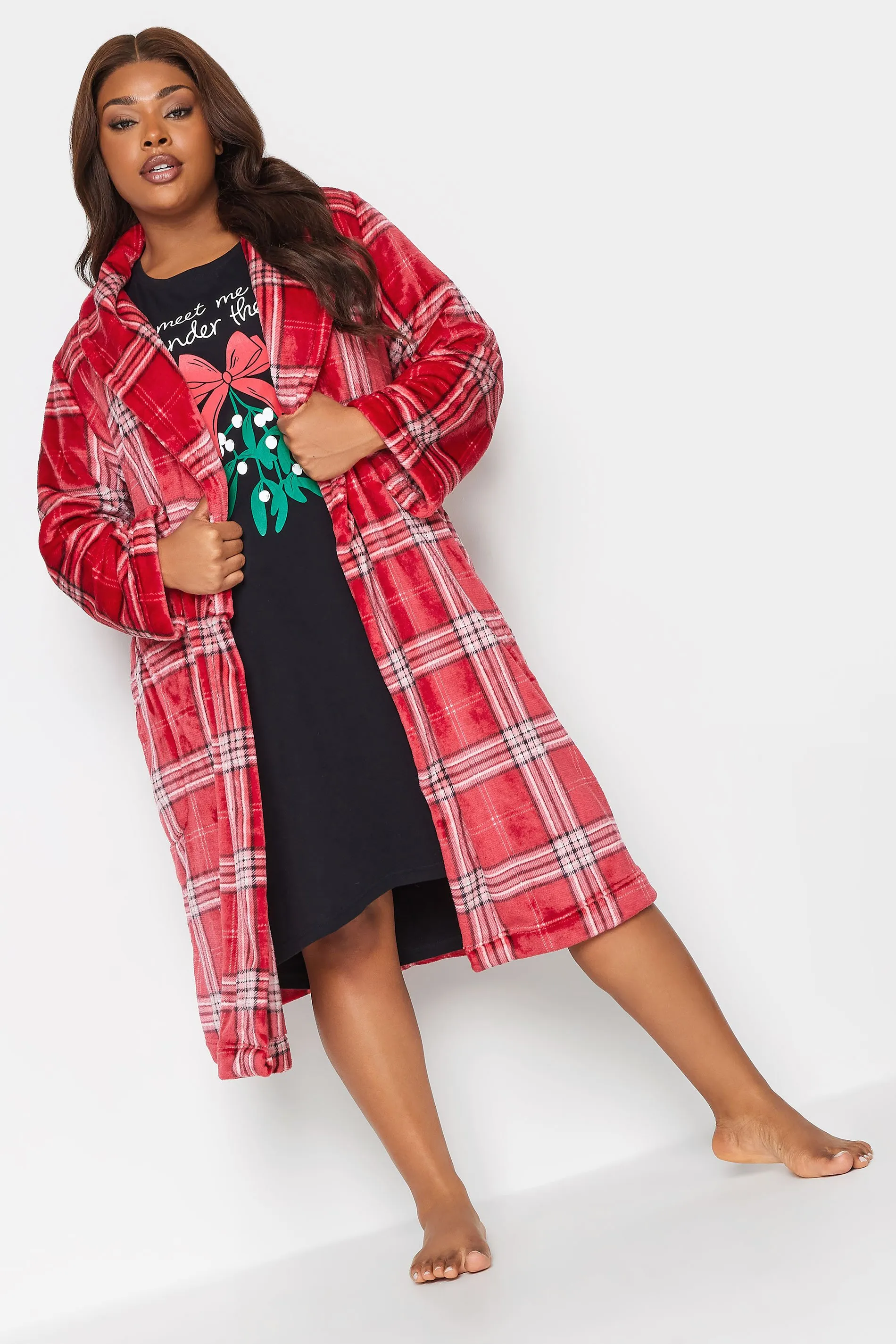 YOURS Curve Red Check Print Shawl Collar Dressing Gown