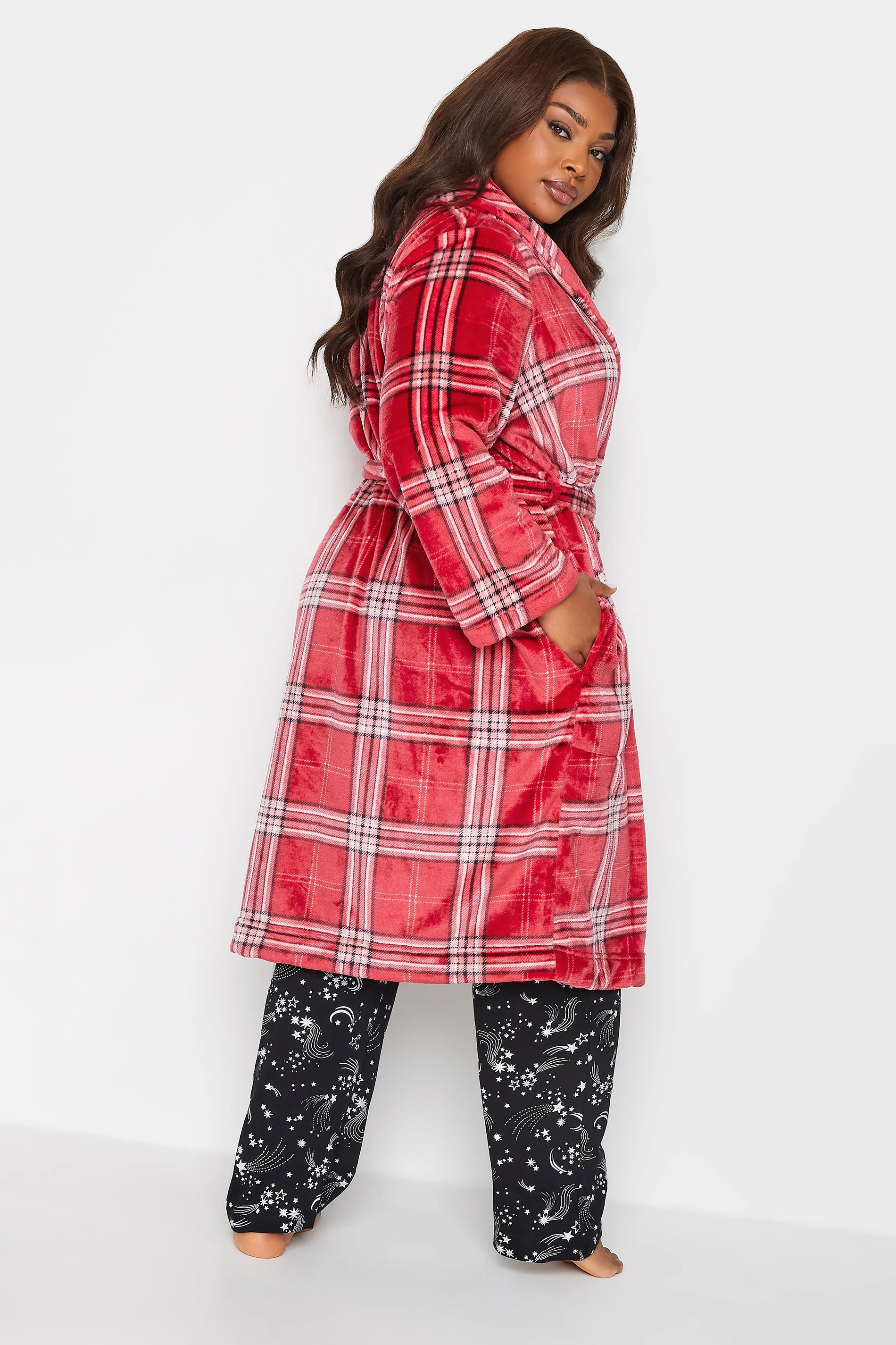 YOURS Curve Red Check Print Shawl Collar Dressing Gown